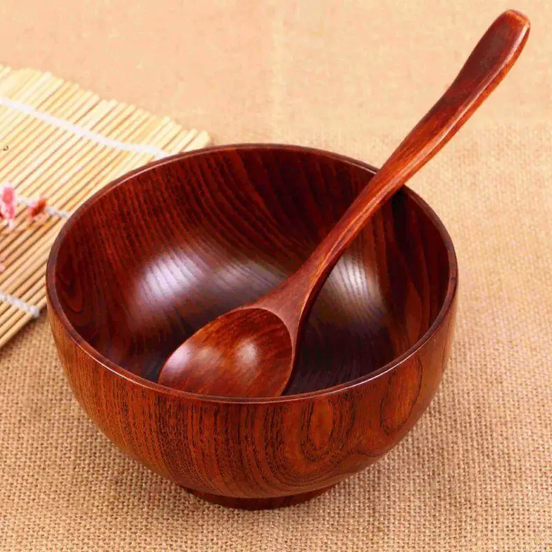 2pcs/set Natural Round Wooden Bowl Outdoor Wooden Spoon Chinese Rice ...