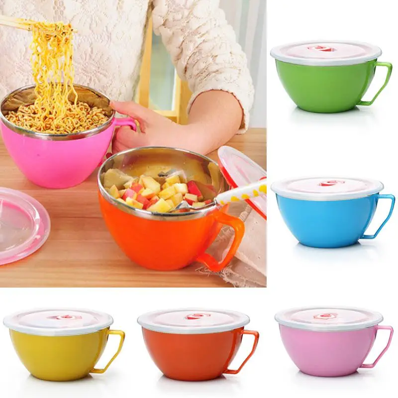 600ml Rice Soup Bowls With Lid Handle Stainless Steel Plastic Leak ...