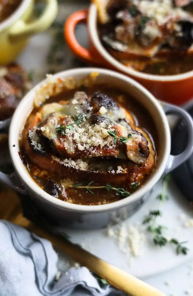 French Onion Soup with Cheesy Garlic and Thyme Mushroom Toasts