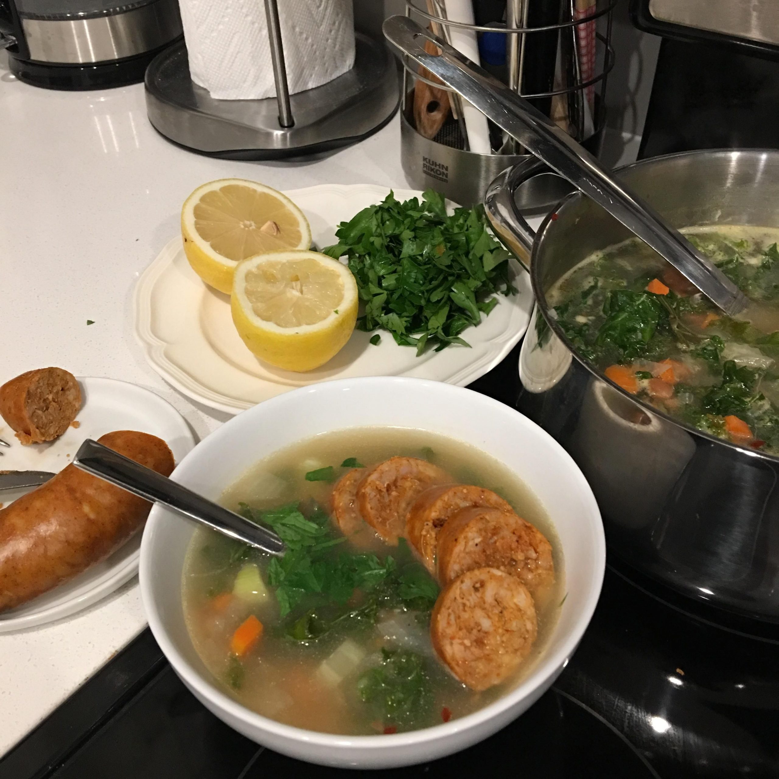 [Homemade] white bean soup with kale rosemary and lemon. Turkey sausage ...