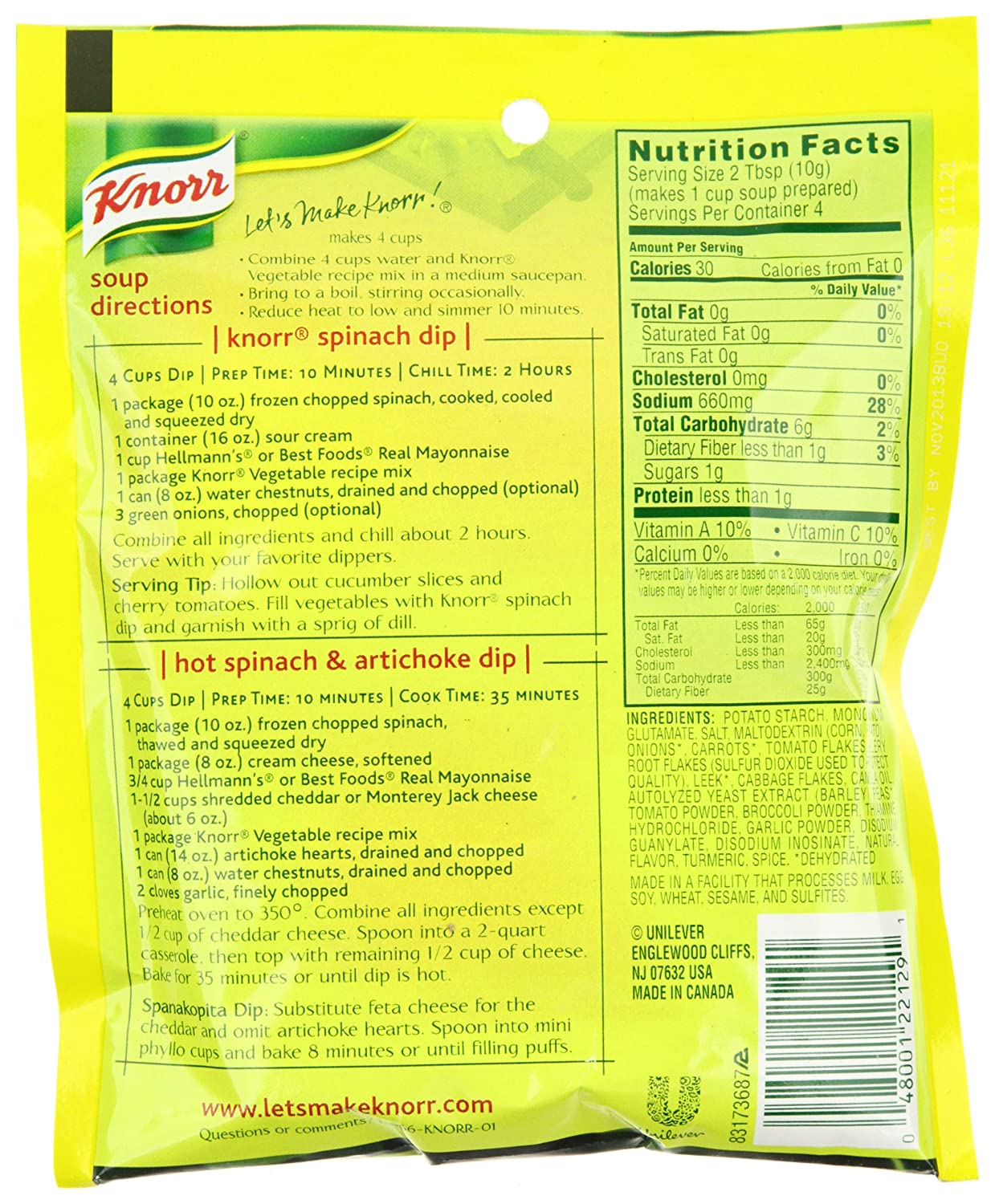 Knorr Vegetable Soup Mix Nutrition Facts