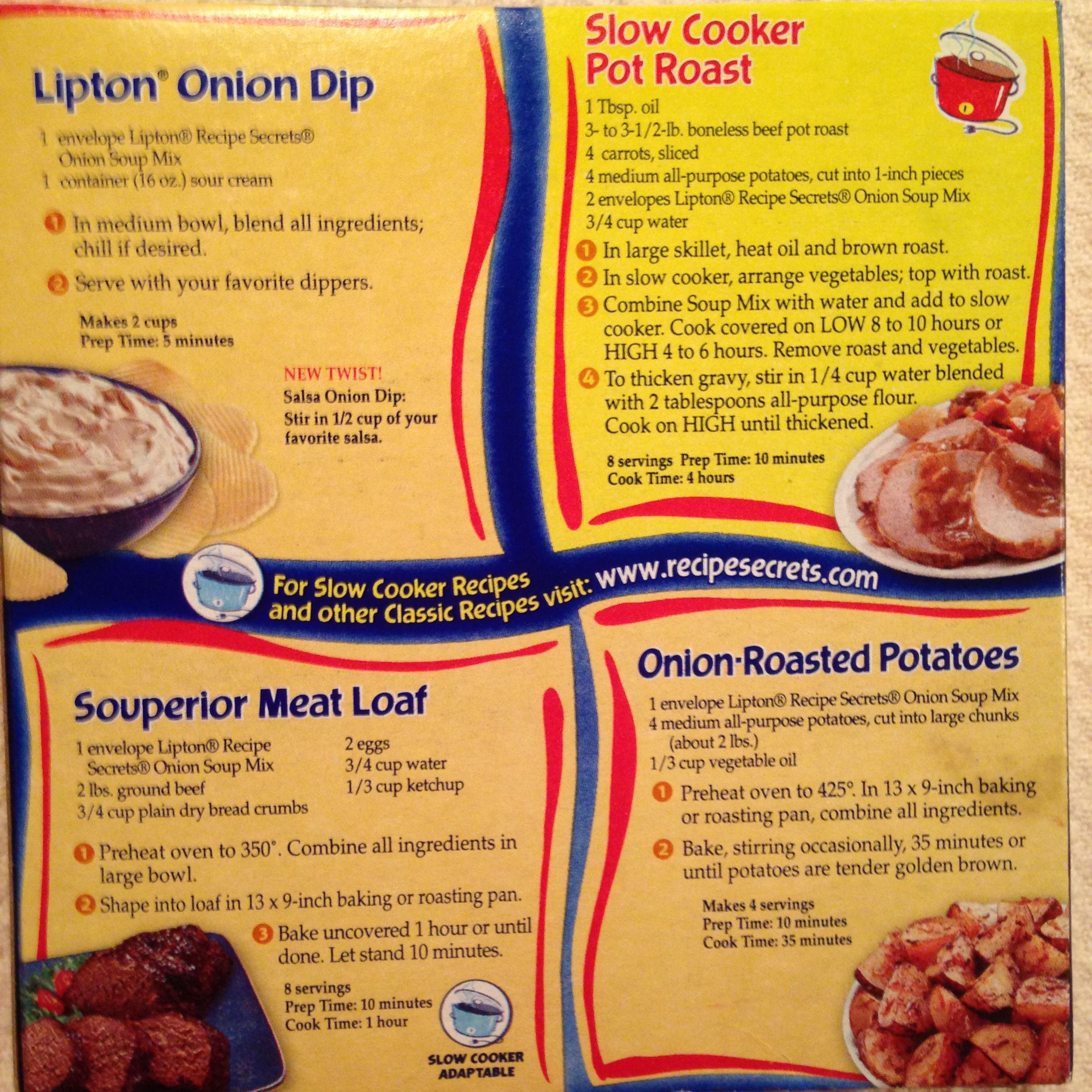 Lipton Onion Soup recipes from the back of the box ...