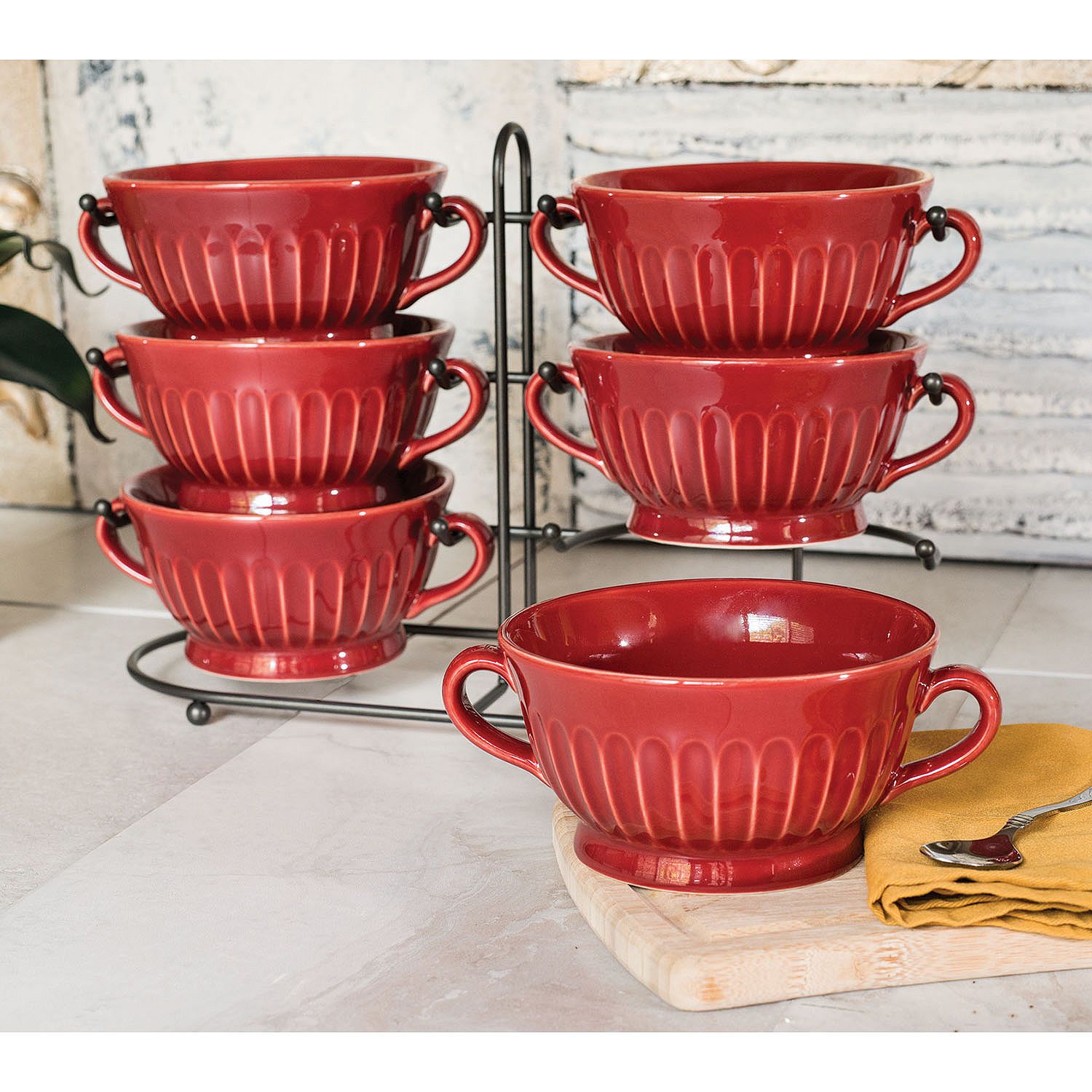 Stoneware Fluted Bowls, Set of 6 with Display Stand, Red