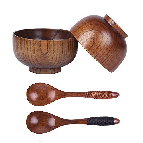Wooden Rice Soup Bowls Serving Tableware with Spoons, Set of 4 â TakenCity